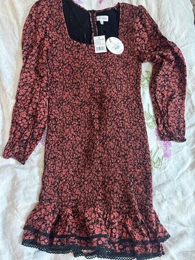 Lost + Wander Girls' Coral Floral Smocked Dress with Black Trim